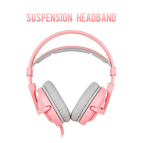 SADES USB 7.1 Stereo Wired Gaming Headphones Over-Ear Headset with Mic Voice Control for Laptop Computer Gamer-Pink