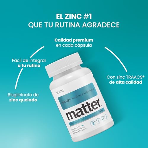 Matter Zincox, Suplementos Alimenticios de Zinc Bisglicinato Quelato TRAACS® con L-Lisina, Apoya la Protección Celular, Vitalidad y Bienestar Integral, 60 Cápsulas Vegetales