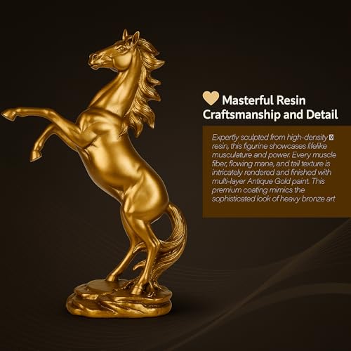 Decorative Gold Horse Statue [ 32 x 20 x 11 ] cm | Resin Horse Statue Standing Horse Sculpture | Home Decor Items for Living Room | Modern Furnishing Decoration for Home, Office Desk