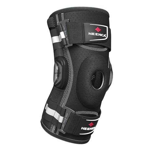 Rodillera profesional NEENCA para el dolor de rodilla, soporte ajustable con bisagras y estabilizadores laterales extraíbles, gran estabilidad para aliviar el dolor articular, artritis, desgarro de menisco, ligamento cruzado anterior (LCA), ligamento cruzado posterior (LCP), corredores y deportistas (HX043-MX, Small) (Negro, Medium)