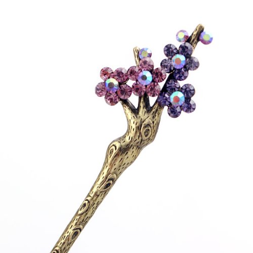 Rhinestone Plum Flower Hair Stick in Antique Brass Finish