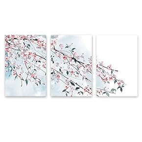 3 Panel Canvas Wall Art - Ink Painting Style Pink Cherry Blossom on The Branch - Giclee Print Gallery Wrap Modern Home Art Ready to Hang - 16"x24" x 3 Panels