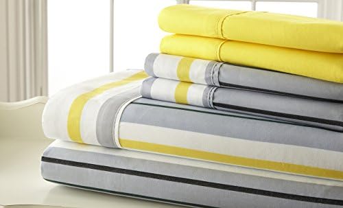 6-Piece Bed Sheet Set: Gray, White and Yellow Stripe, 16" Pocket, 2 Extra Pillowcases (Queen)