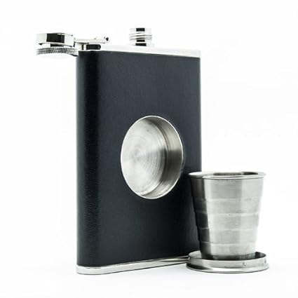 iKraft 8 oz Heavy Duty Stainless Steel Leather Hip Flask Collapsible Shot Glass -Black