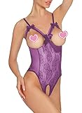 JuicyRose Women's Teddies Sexy Lingerie Nightie Open Cup Crotchless (US M/Tag L, Purple)