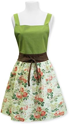 Home Bene 100% Cotton Violla, Cute X-back Kitchen Apron for Women, Cooking Apron with Floral Print, Waist Ties, Two side Pockets, Cooking, Baking, Barbecuing, Gardening, Green