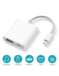 HENKUR Adaptador de cámara USB, USB hembra OTG adaptador con interfaz de carga, compatible con iPhone iPad, lector de tarjetas de soporte, interfaz MIDI, tubos, adaptador Ethernet, DAC