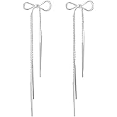 Rhinestone Bow Tassel Earrings - Women's Long Crystal Statement Dangle Earrings in Lightweight Gold & Silver