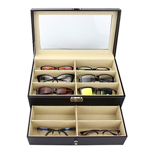 Mochiglory PU Leather 12 Slots Eyeglass Storage Sunglass Glasses Display Lockable Case Organizer