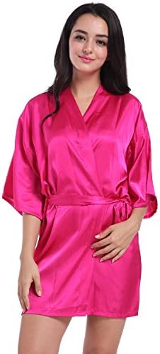 SIMJOY Women's Satin Short Kimono Robe Plain Dressing Gown Bathrobe Bridal Party Robe, Deep Pink, XX-Large