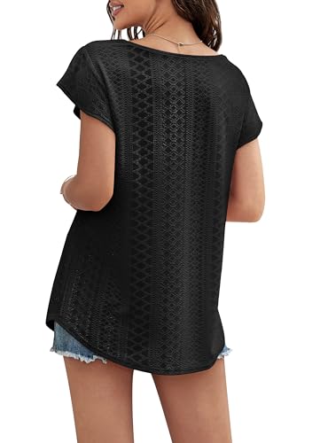 WOMENS EYELET TOPS SQUARE NECK RUFFLE SHORT SLEEVE T-SHIRTS DRESSY CASUAL 2024 SUMMER FLOWY TRENDY TUNIC TOPS (BLACK, MEDIUM)