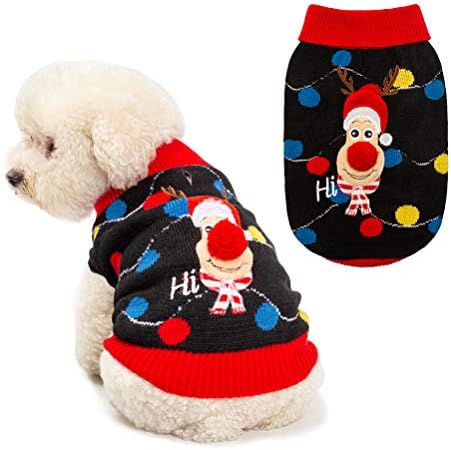 HOMIMP Christmas Dog Jumper Sweater Fairy Lights Reindeer - Ugly Sweaters Christmas Party Festive Gift Warm Comfy for Cute Dogs Clothes Small