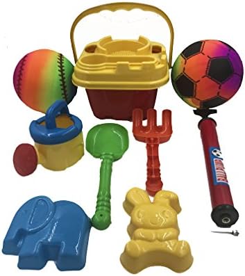 Sand Toy Set Sand Castle Bucket Toys 10-Piece Toy Set for Babies Toddlers and Kids- Play in the Pool or Sandbox with 6-eanch 2 Playground Balls and Pump (Colors May Vary)