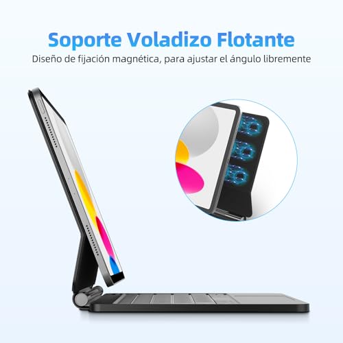 Bettdow Keyboard for iPad 10 Generation 10.9" 2022/11 Generation A16 11" 2025, Spanish Ñ Magnetic Design Floating Keyboard with Trackpad and Backlit, Black