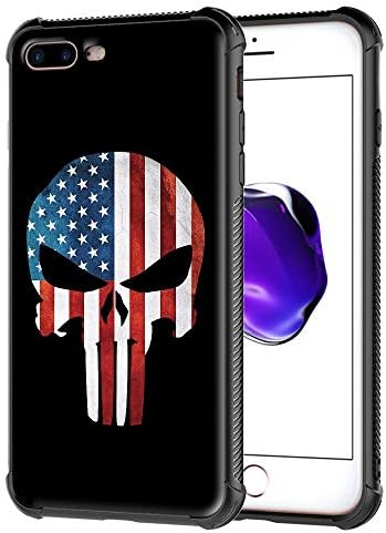 iPhone 7 Plus Case,iPhone 8 Plus Cover, Punisher American Skull Flag Pattern Tempered Glass Back Cover Soft TPU Bumper Frame Shock Absorption Case for Apple iPhone 7 Plus and iPhone 8 Plus