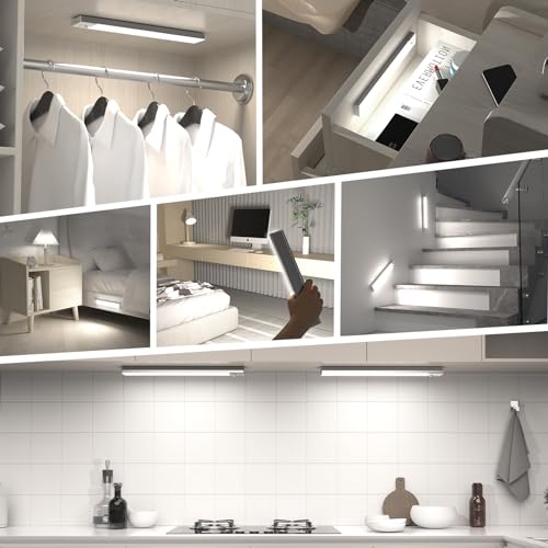 Schrankbeleuchtung LED mit Bewegungsmelder 2 Stück Schranklicht Schrankleuchte Led Leiste Batterie USB Wiederaufladbar Unterbauleuchte Küche für Kleiderschrank, Treppe, Kofferraum, RV