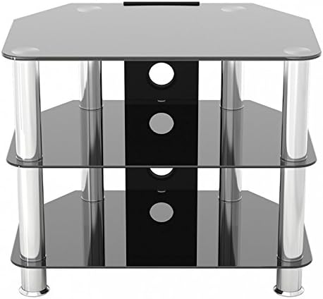 mahara Glass Corner TV Stand, Universal Black Glass TV Unit 60cm wide with Glass Shelves and Cable Management - Image 3