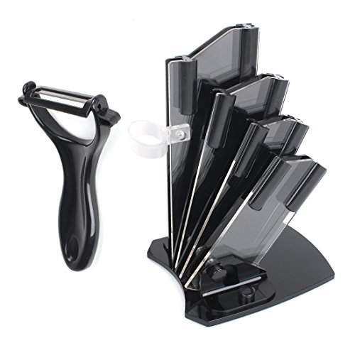 HOMSPORT 5 Pieces ceramic knife set Kitchen Knife Set Cutlery Set with acrylic block – Knife Sets with Chef Knife Slicing knife Fruit slicer Fruit parer Peeler and Acrylic Holder 4 Cover