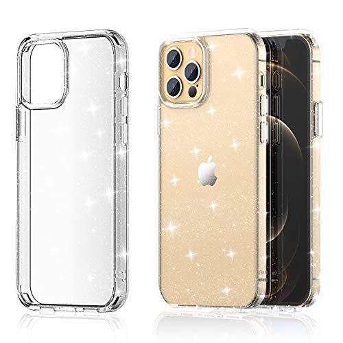 Meifigno Glitter Compatible with iPhone 12/12 Pro Case, Hard PC with Soft TPU Edge, [Military Level Protection][Green Materials], Clear Case Designed for iPhone 12/12 Pro 6.1" 2020, Glitter Clear