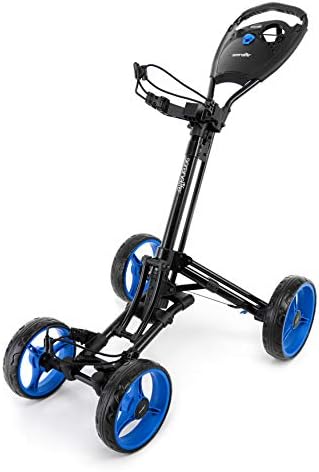 SereneLife 4 Wheel Golf Push Cart – Lightweight Folding Walking Push Cart Roller Golf Bag Holder w/Foot/Handle Brake, Upper/Lower Bracket w/Elastic Strap, Scorecard/Cup/Bag Storage Holder SLGZ36