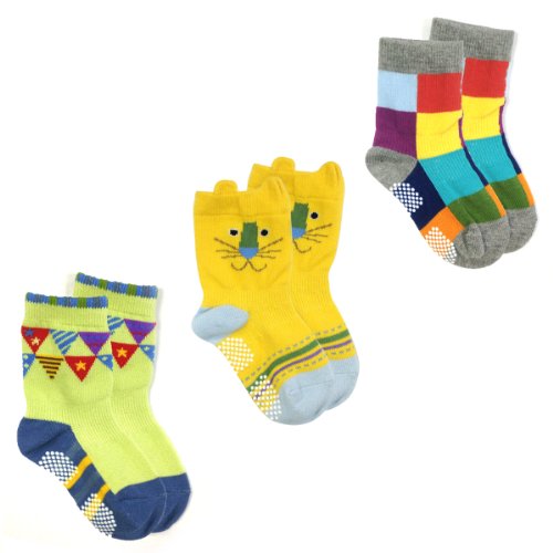 Allydrew Animal Non-Skid Toddler Socks Set of 3, Lion (Small)