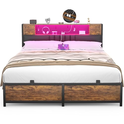 Photo 1 of Unikito Full Size Bed Frame with LED Light & Power Outlet, Sturdy Metal Platform Bed Frame with Upholstered Headboard and Storage Cabinet, No Box Spring Needed, Easy Assembly, Noise-Free, Rustic Brown