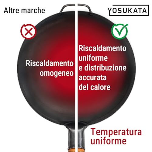 YOSUKATA Professional Wok Frying Pan 34 cm – Traditional Carbon Steel Wok, Original Chinese Preconditioned Flat Bottom – Suitable for Gas, Induction, Electric and Open Fire (Black)