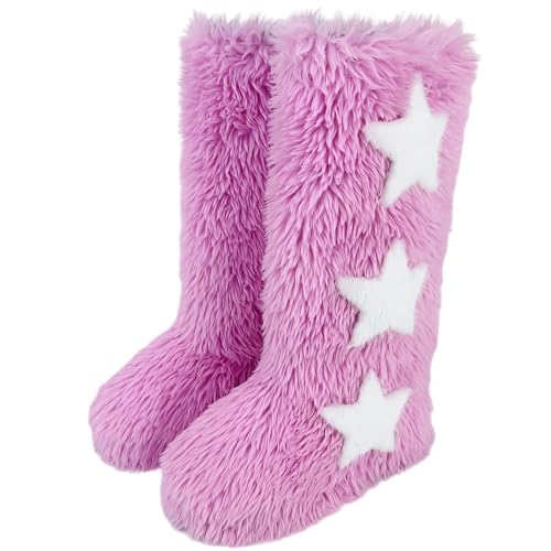 Valtrionex Womens Y2K Star Print Faux Fur Thigh High Fluffy Knee High Boots(Pink,10) at Amazon