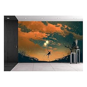 Illustration - Man Flying with Balloon Lights at Sunset,Illustration Painting - Removable Wall Mural | Self-Adhesive Large Wallpaper - 66x96 inches