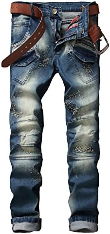 TMBSE Men's Flat Front Tapered Broken Torn Jeans (W33(US 30), Vintage Blue)