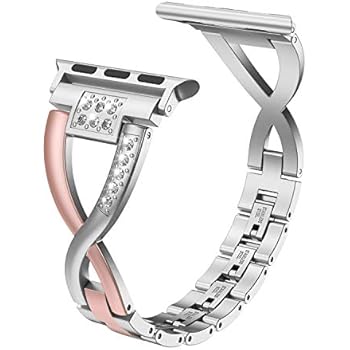 Wearlizer Rose Gold Silver Compatible with Apple Watch Bands 38mm 40mm Womens Rhinestone for iWatch 2-Tone Replacement Stainless Bling X-Link Wristband Sleek Metal Bracelet for Series 5 4 3 2 1 Sport