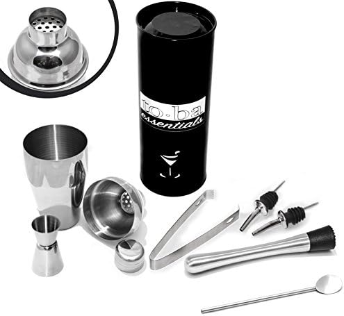 4 pc Cocktail Shaker Set - FREE Muddler , FREE Bar Spoon &amp; FREE Liquor Pourers (2) - Stainless Steel 4pc Bar Set - Cocktail Shaker (18.5oz) - Strainer - Jigger - Tongs