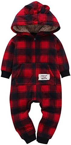 Danhjin Kid Infant Baby Boys Girls Thicker Grid Jumpsuit Hoodie Romper Outfit Bodysuit