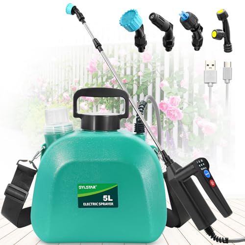 SYLSTAR Drucksprüher 5 Liter, 7.4V Stärkerer Akku Drucksprüher mit 4 Verstellbaren Düsen,3 Sprühgeschwindigkeiten Elektrischer Pflanzensprüher und 60cm Teleskop
