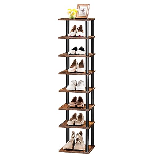 HOOBRO Vertical Shoe Rack for Small Space, 8-Tier Corner Shoe Rack, Narrow Shoe Storage Organizer for Entryway, Hallway, Bedroom, No-Tool Assembly, Wooden, Rustic Brown and Black EBF22XJ01