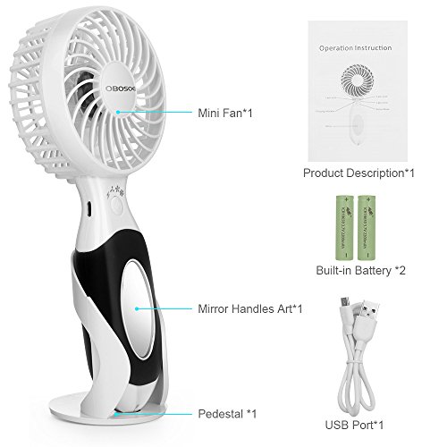 OBOSOE Handheld Fan, Portable Personal Small Desk Fan with 3600mAh USB Rechargeable Battery, Cooling for Office, Bedroom, Traveling, Camping, Outdoor Sports, White
