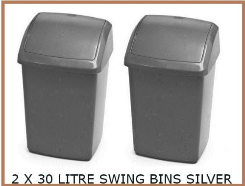 SWING BIN / 2 X SMALL 30L 30 LITRE SILVER PLASTIC SWING TOP RUBBISH BIN WASTE PAPER BIN NEW