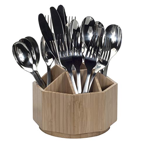 Bamboo Rotating Utensil Holder Portable Silverware Caddy, Condiment, Dining & Kitchen Organizer