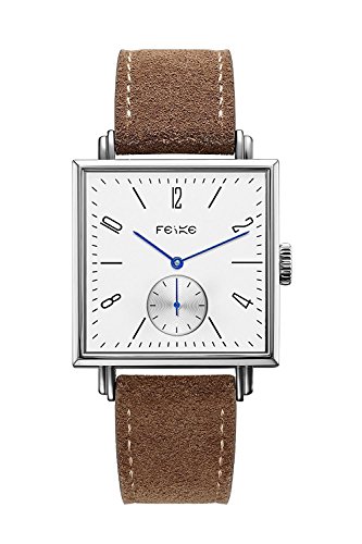 FEICE Automatic Mechanical Men s Watch Square Wrist Watch for men Stainless Steel Leather Watch Bands Casual Simple Business Unique Watch Best Gift #FM301(Brown)