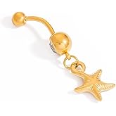 14G Starfish Dangle Belly Button Ring for Women Stainless Steel Rhinestone 18k Gold Plated Star Dangling Navel Rings Curved Barbell Studs Bar Simple Sexy Body Piercing Ocean Summer Beach Jewelry