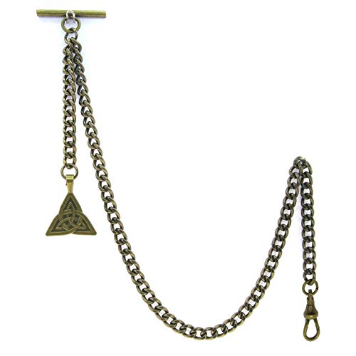 watchvshp WATCHVSHOP Albert Chain Antique Brass Color Pocket Watch Chain Vest Chain for Men Trinity Celtic Knot Design Medal Fob with T Bar Swivel Clasp AC29A