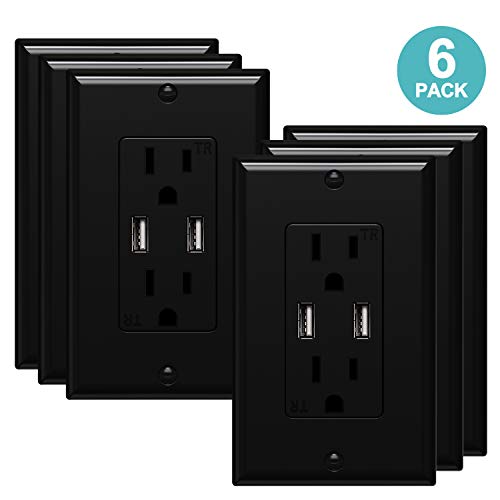 USB Wall Outlet Black 3.6A Dual High Speed USB Charger Electrical Outlet 15Amp/125V Receptacle 6 Pack Wall Plate Screw Included