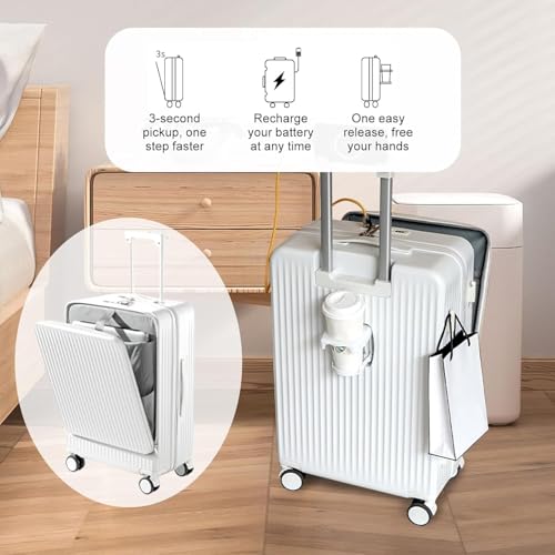 Carry-on Suitcase with Front Pocket for 15.6in Laptop, Mobile Phone Water Cup Holder Luggage Suitcase with Side Hooks, USB Type-C Interface Carry on Luggage for Travel(D)
