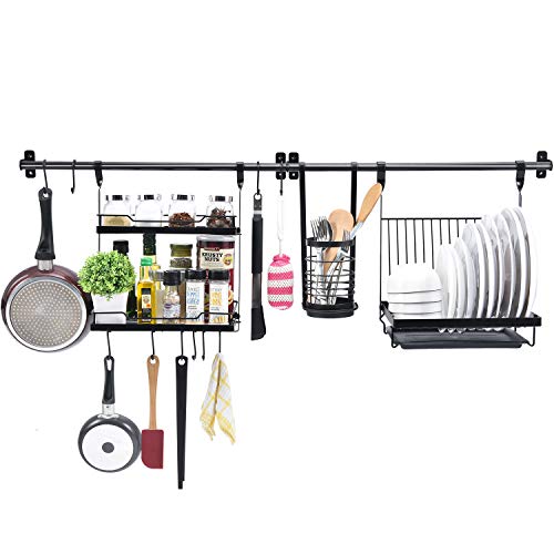 KINGRACK Utensil Holder Dish Drainer Set of 5,Kitchen Wall Hanging Shelf with 2 Kitchen Rails, Folding Dish Rack, 2-Tier Spice Shelves, 10 S-Hooks for Pan Hangers, Wall Mounted Storage Organizer