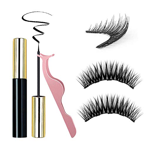 Magnetic Lashes and Eyeliner, Natural False Silk False Eyelashes with Mirror, No Glue Reusable Lashes, Waterproof Eye Liner, Magnetic Eyelashes & Magnetic Eyeliner with Tweezers Set