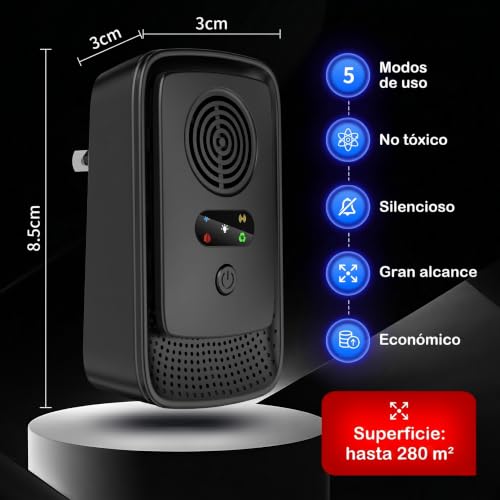 Roledy Repelente Ultrasónico de Plagas, 5 Modos, Cubre 140m² por Dispositivo, Repele Ratones, Ratas, Arañas, Mosquitos, Hormigas, Cucarachas, Insectos y Moscas, Pack de 2