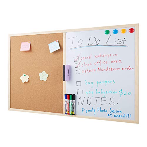 Whiteboard and Cork Board Combo 36 x 24 + 1 Magnetic Dry Eraser, 4 Colorful Marker Pens and 4 Magnets - Magnetic Combination Board for Home and Office