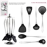 Silicone Kitchen Utensil Set With Holder Non-Stick 6 Piece Premium Cooking Utensils With Stainless Steel Handles Big Utensil Storage Shelf-Slotted Spoon, Spoon, Soup Ladle, Turner, Slotted Turner