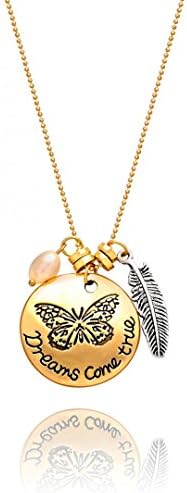 Kigmay Jewelry "Dreams Come True" Butterfly Feather Message Pendant Necklace for Women