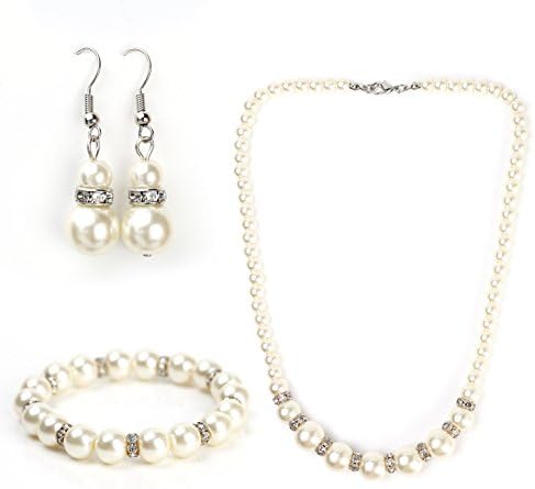 Classic Faux Pearl Set - Graduated Necklace, Drop Earrings and Coordinating Bracelet with Swarovski Style Crystals